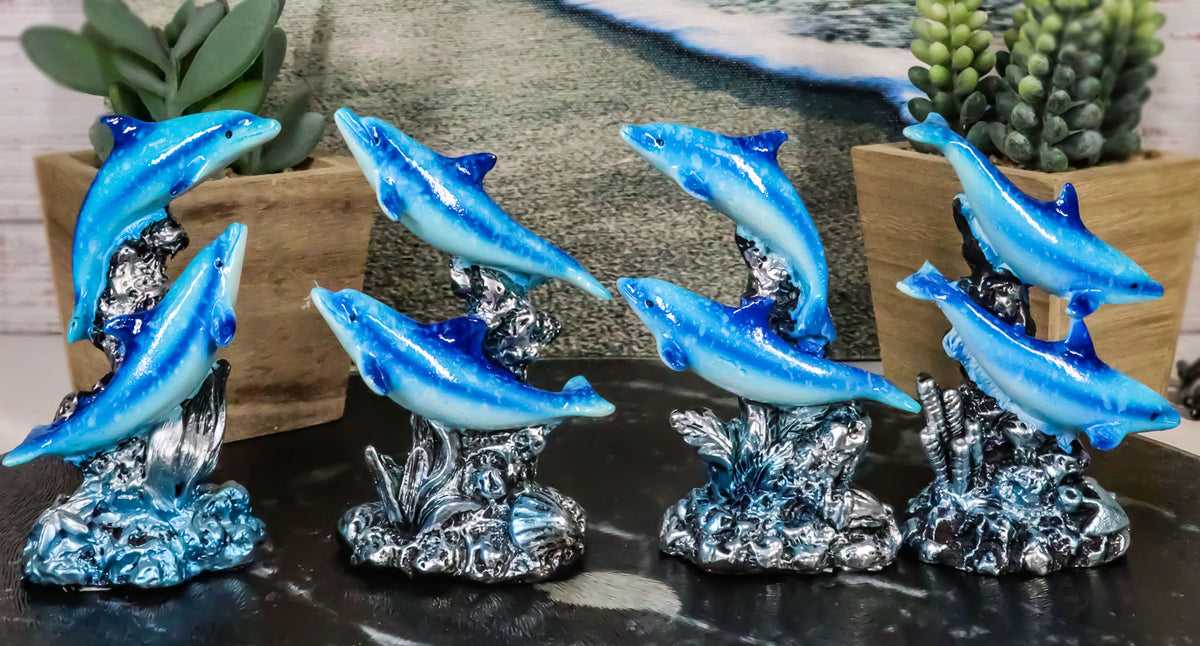 Pack Of 4 Marine Sea Blue Dolphins Swimming By Waves And Coral Reef Figurines - Ebros Gift
