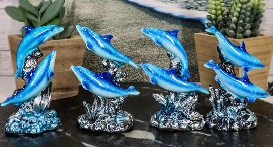 Pack Of 4 Marine Sea Blue Dolphins Swimming By Waves And Coral Reef Figurines - Ebros Gift