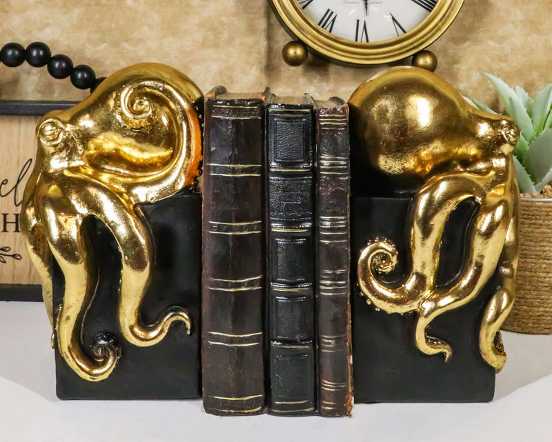 Ebros Contemporary Gold Color Octopus Bookends Statue Set With Black Base