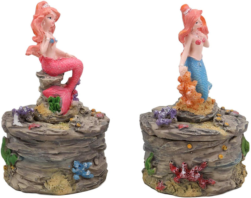 Ebros 4" Tall Blue and Pink Tailed Mermaid Mergirl Sisters Sitting On Coral Rocks Decorative Box Figurine Set of 2 Trinket Jewelry Keepsake of Under The Sea Ocean Marine Life Decor - Ebros Gift