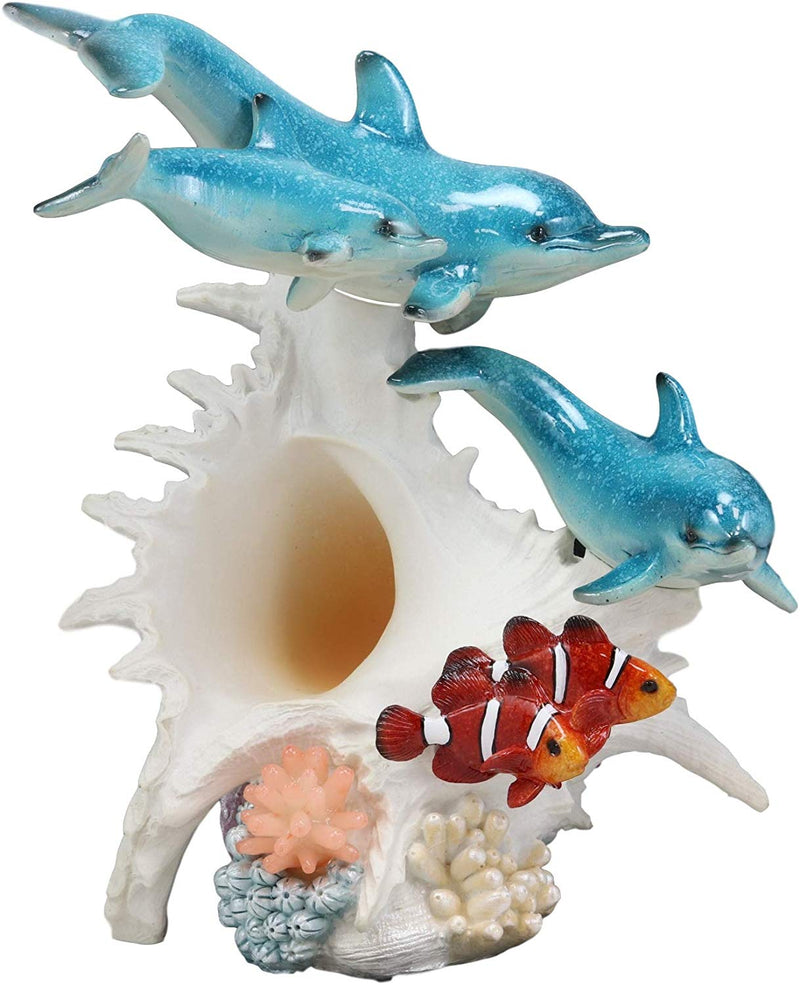 Ebros Nautical Ocean Family 3 Dolphins Swimming Over Giant Sea Conch Clownfishes and Anemones Statue with Colorful LED Light 9.5" Tall