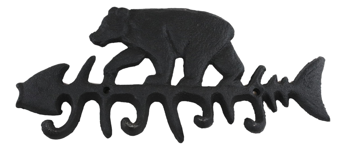 Cast Iron 9" Rustic Forest Black Bear On Fish Bone 4 Pegs Wall Hook Decor Plaque