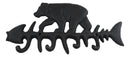 Cast Iron 9" Rustic Forest Black Bear On Fish Bone 4 Pegs Wall Hook Decor Plaque