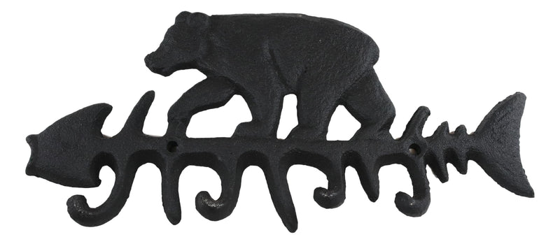 Cast Iron 9" Rustic Forest Black Bear On Fish Bone 4 Pegs Wall Hook Decor Plaque