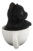Lifelike Adorable Black Kitten Cat in White Tea Cup Pet Pal Figurine 5.75" Tall