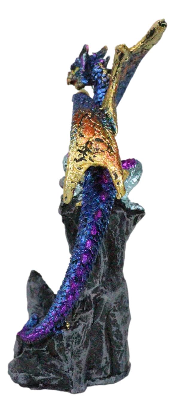 Iridescent Blue Wyrmling Dragon On Rocky Mountain Treasure Castle Top Figurine