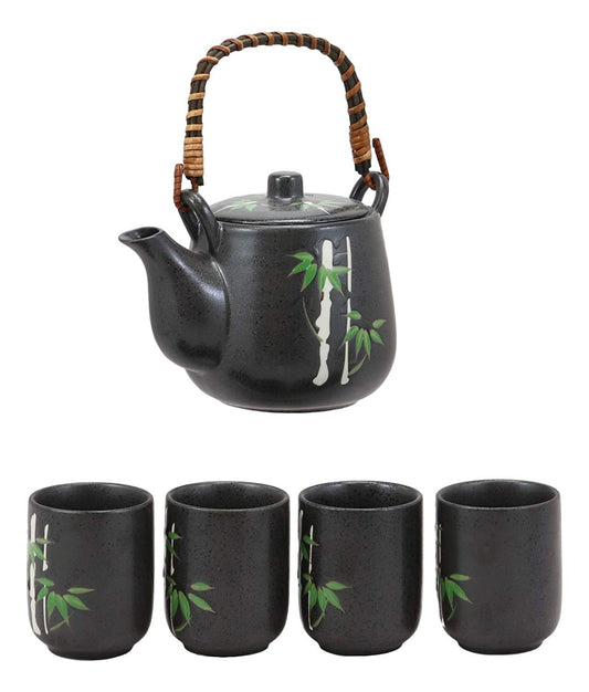 Ebros China Winter Lucky Bamboo Design Porcelain Black 20oz Tea Pot and 4 Cups Set - Ebros Gift