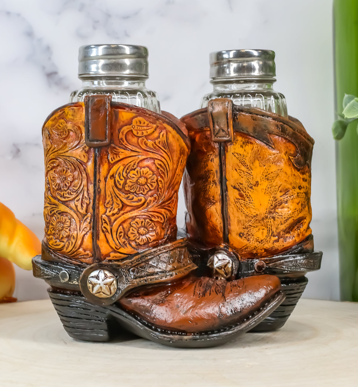Ebros Fancy Pair Of Cowboy Boots W/ Texas Star Salt & Pepper Shakers Holder Set