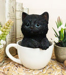 Lifelike Adorable Black Kitten Cat in White Tea Cup Pet Pal Figurine 5.75" Tall