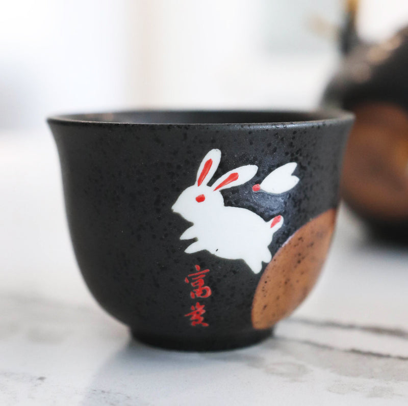 Eastern Folk Zen White Moon Rabbit Hare Black Ceramic Tea Pot With 4 Cups Set