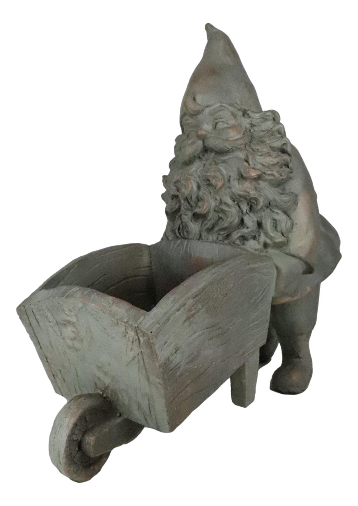 Hardworking Mr Gnome Pushing Wheelbarrow Cart Floral Planter Vase Garden Statue