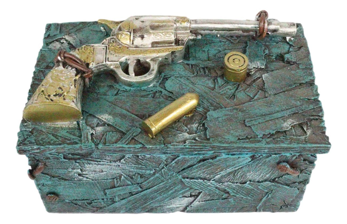 Ebros Westerm Rustic Cowboy Revolver Pistol Gun And Bullets Decorative Box Figurine