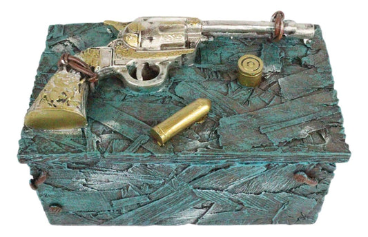 Ebros Westerm Rustic Cowboy Revolver Pistol Gun And Bullets Decorative Box Figurine