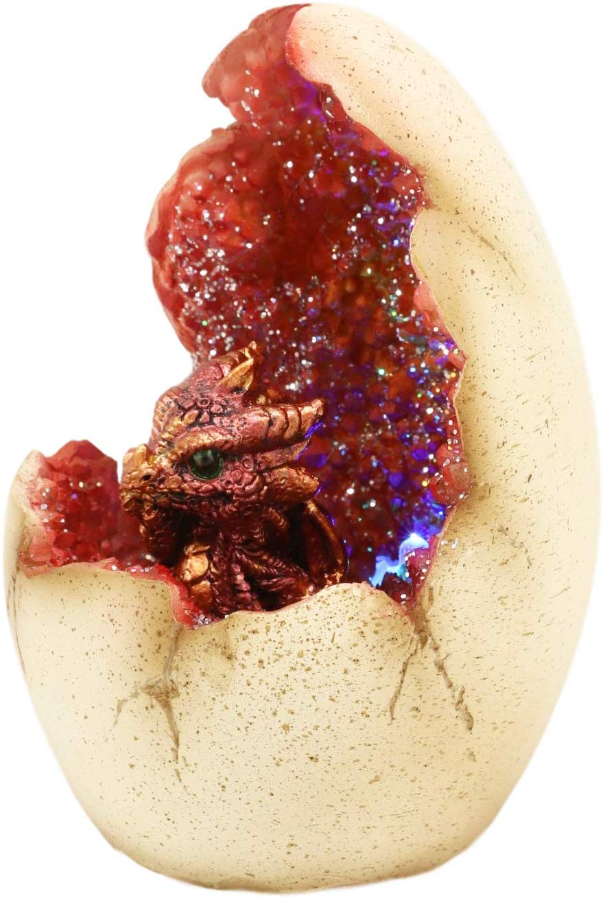 Ebros 5" Tall Red Hatchling Wyrmling Dragon in Crystal Quartz Geode Egg Figurine with Colorful LED Night Light - Ebros Gift