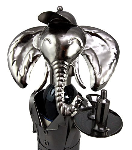 Ebros Gift Pachy Elephant Waiter Hand Made Metal Wine Bottle Holder Caddy Decor 14.25"H