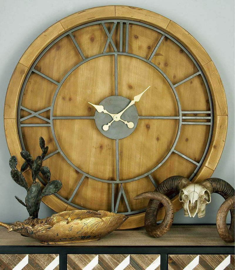 Rustic Vintage Mediterranean Brown Wooden Oversized Decorative Wall Clock 40"D