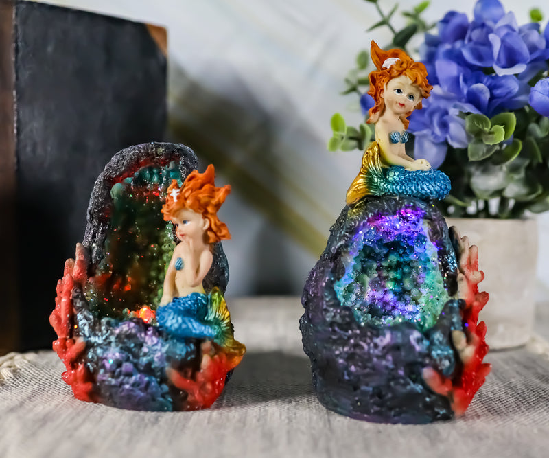 Ebros Nautical Blue Tail Mermaids With LED Light Geode Crystal Cave Figurines Set Of 2