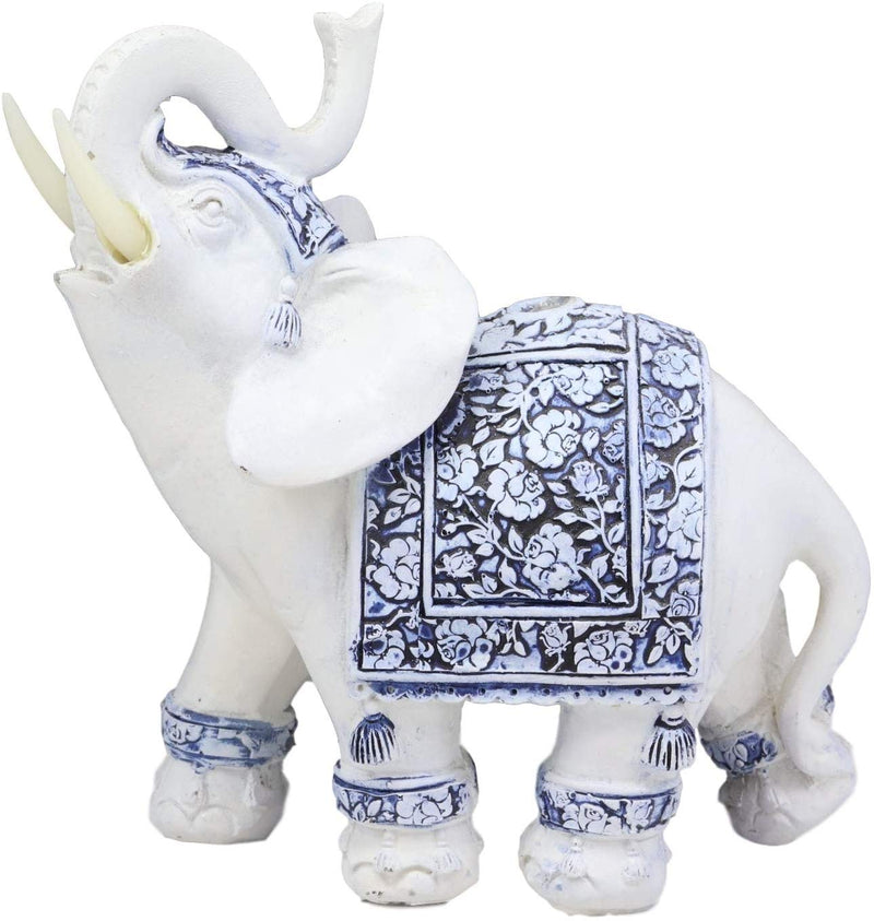 Ebros Feng Shui Blue & White Floral Left Facing Elephant With Trunk Up Figurine