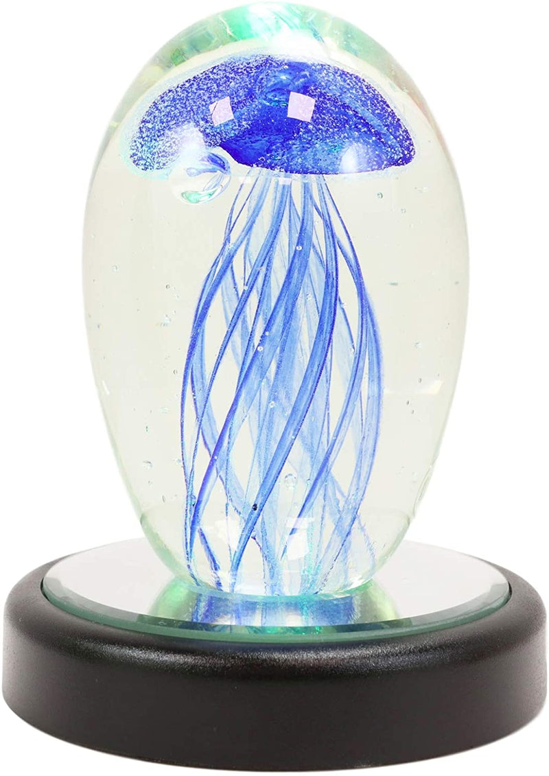 Ebros Art Glass Glow in The Dark Translucent Jellyfish & LED Base (Dark Blue)