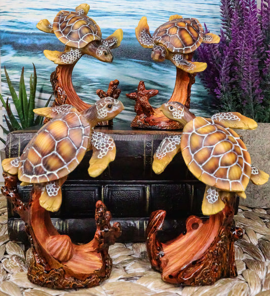 Marine Life Sea Turtles Swimming Under The Sea Reefs Collectible Figurines Set - Ebros Gift