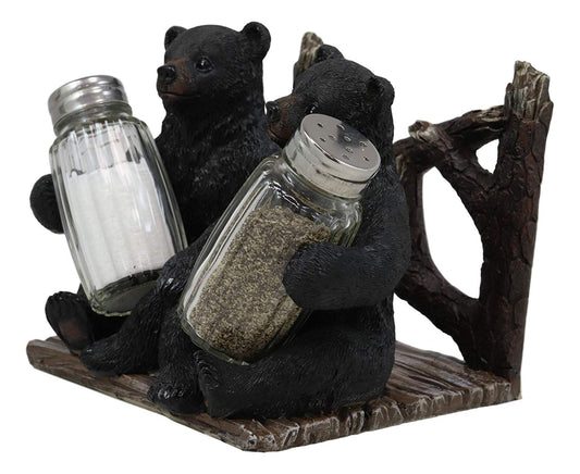 Ebros 6.25" W 2 Black Bear Cubs Sitting Napkin Holder & Salt Pepper Shakers - Ebros Gift