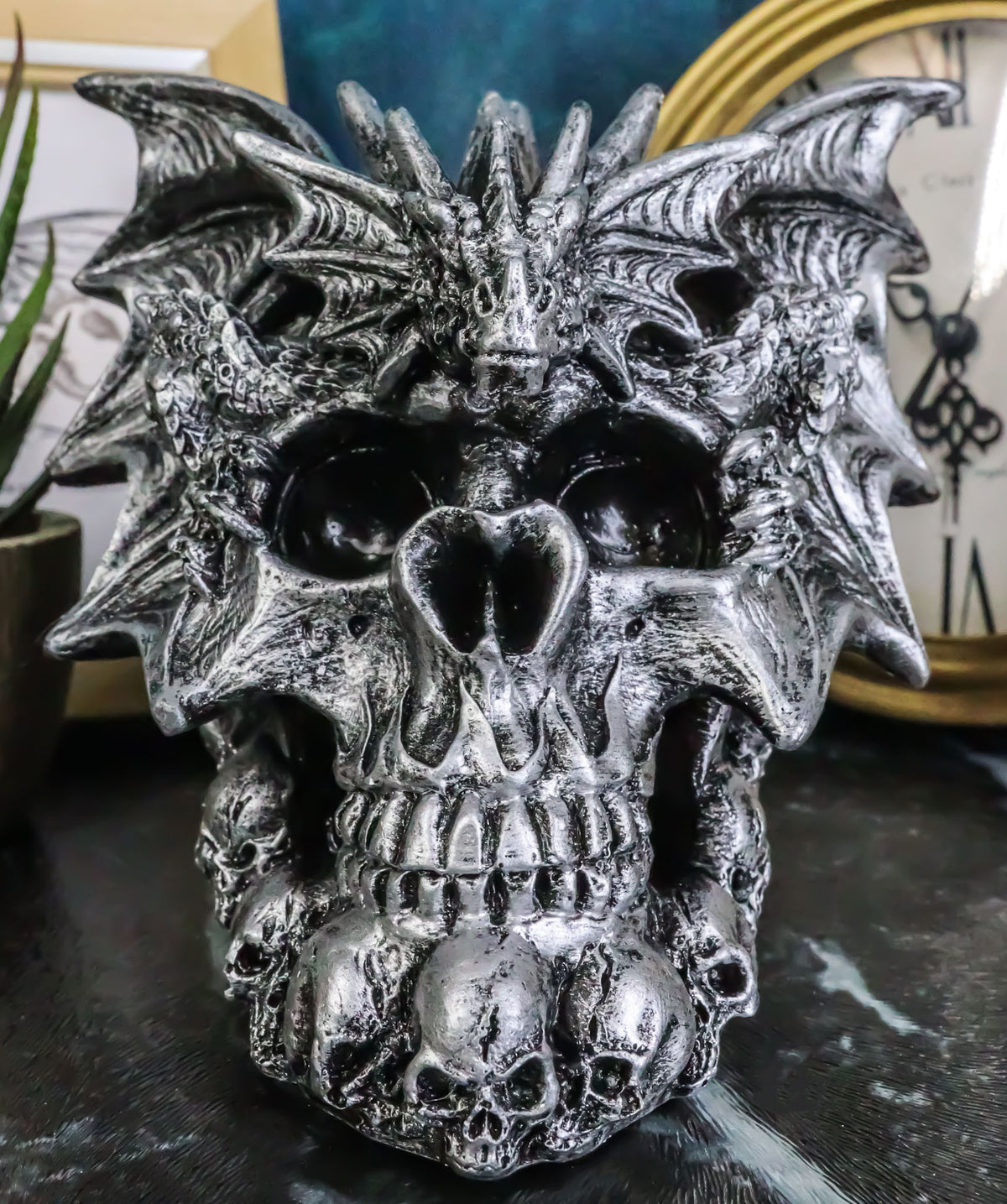 Flying Dragon On Ossuary Morphing Skull with Celtic Tribal Patterns Figurine - Ebros Gift