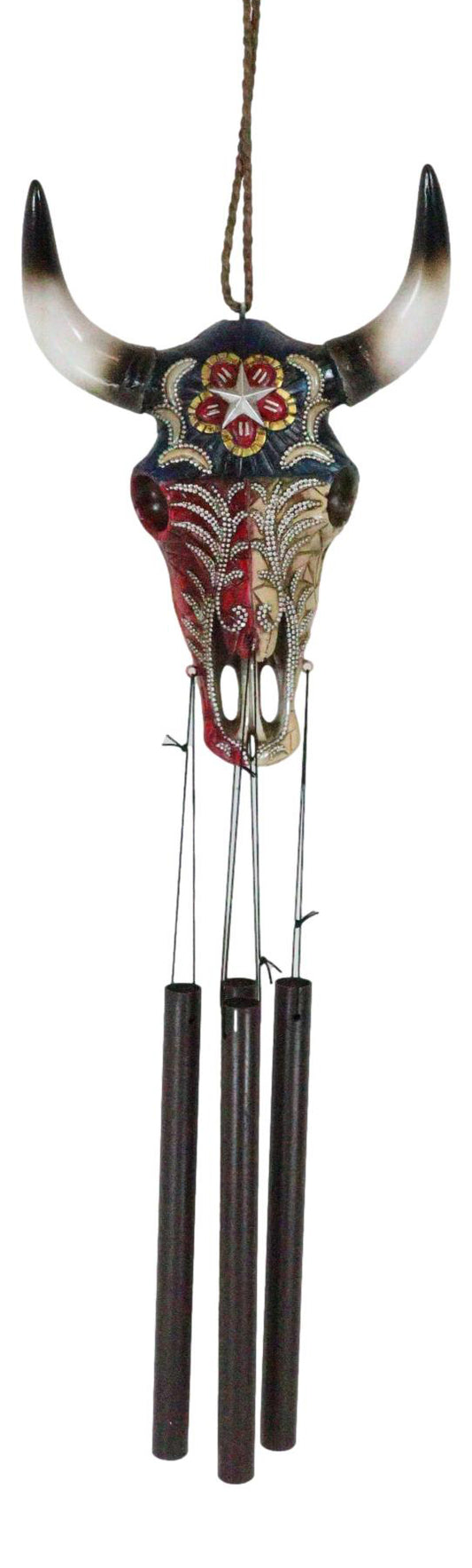 Rustic Western Star Colorful Texas Flag Floral Pattern Bull Cow Skull Wind Chime - Ebros Gift