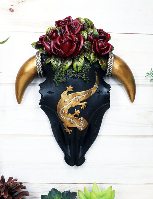 Rustic Western Black Cow Skull With Gecko Lizard And Red Roses Wall Decor Plaque - Ebros Gift