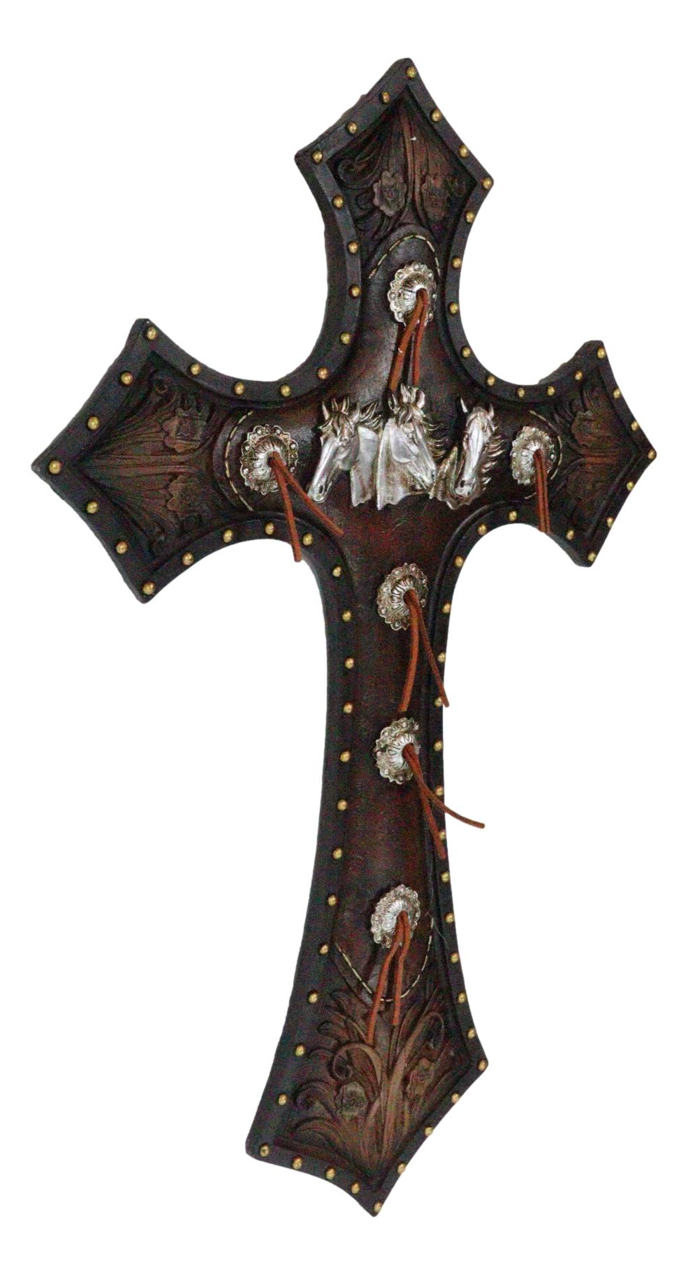 Rustic Western Triple Silver Mustang Horses Faux Tooled Leather Wall Cross 19"H