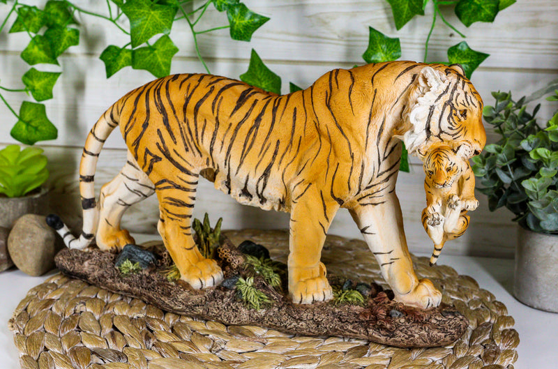 Ebros 14.25"L Large Wildlife Bengal Orange Tiger Mother Carrying Cub Figurine - Ebros Gift