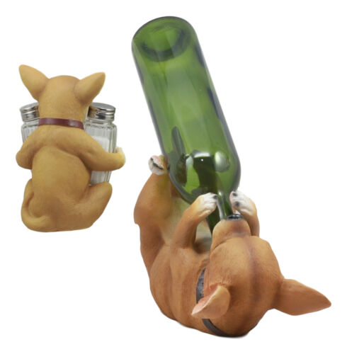 Ebros Picante Teacup Tan Chihuahua Puppy Wine Holder and Salt Pepper Shakers Holder Figurine Set
