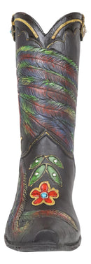 Western Country Floral Rooster Faux Tooled Leather Cowboy Boot Vase Figurine