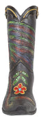 Western Country Floral Rooster Faux Tooled Leather Cowboy Boot Vase Figurine