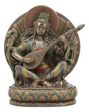 Hindu Goddess Saraswati Playing A Veena Seated On Lotus Throne Statue 6"Tall