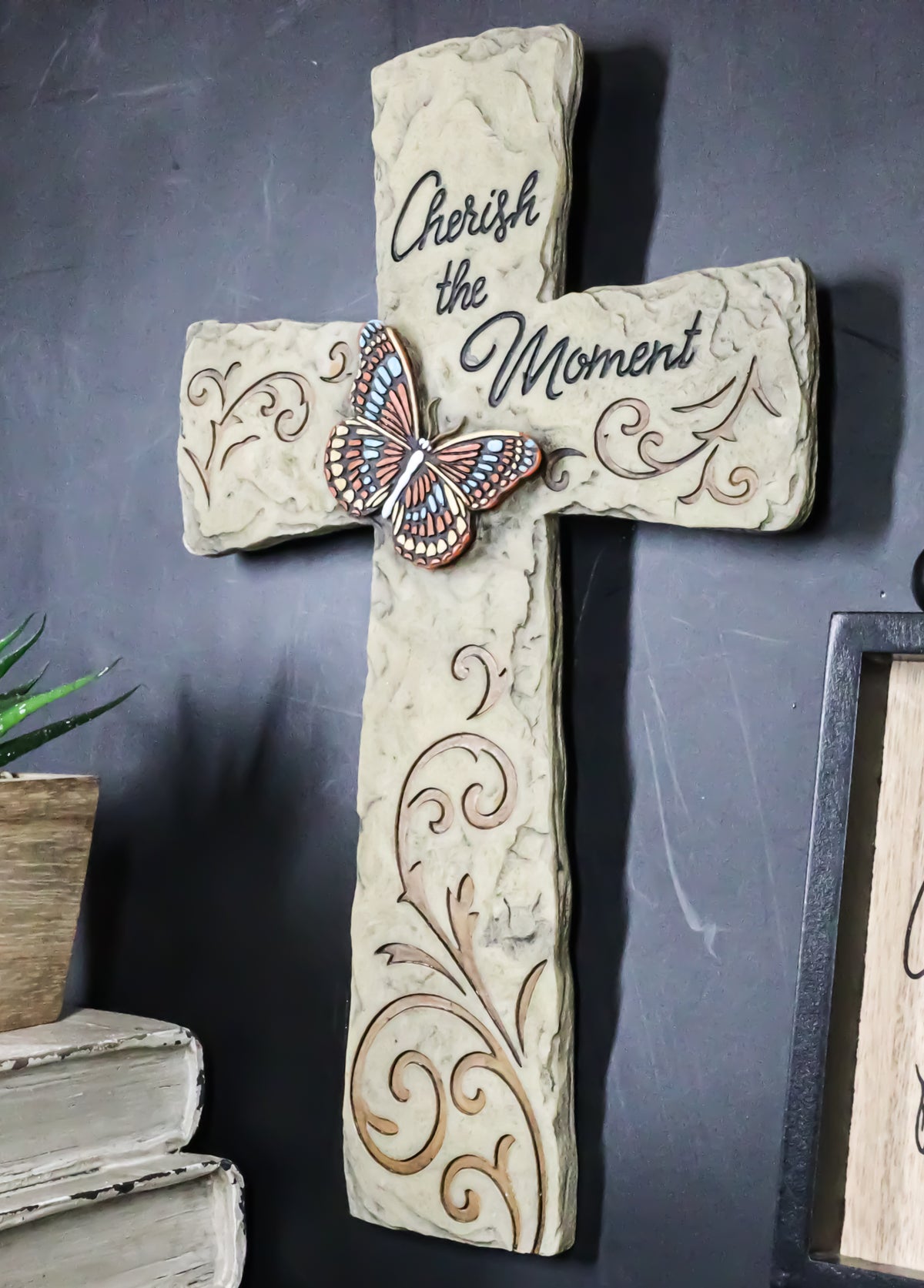 Rustic Western Butterfly Cherish The Moment Scroll Art Faux Stone Wall Cross