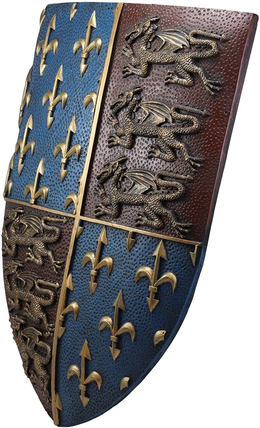 Large Medieval Knight Coat of Arms Fleur De Lis And 3 Dragons Shield Wall Decor