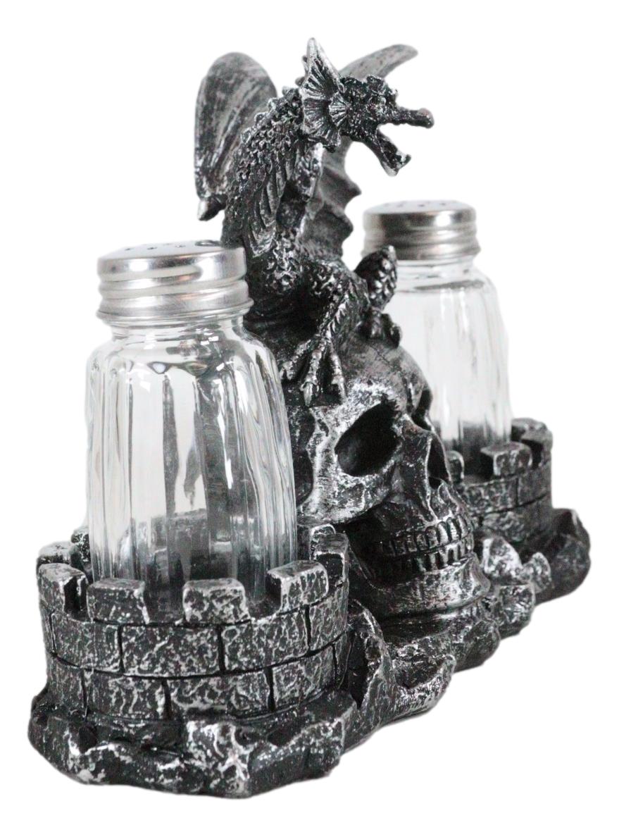 Medieval Dragon On Oversized Skull By Castle Towers Salt Pepper Shakers Holder - Ebros Gift