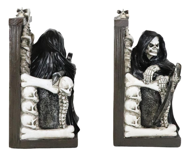 Gothic Grim Reaper Sitting On Skulls And Skeleton Bones Thrones Bookends Statue