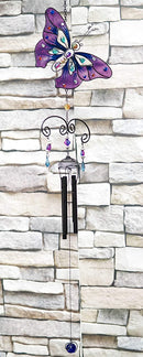 Ebros Stained Glass Purple Butterfly with Gems and Copper Wind Chime 34" Long