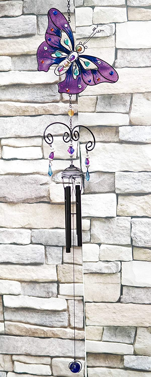 Ebros Stained Glass Purple Butterfly with Gems and Copper Wind Chime 34" Long