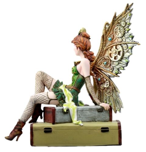 Ebros Steampunk Burlesque Traveler Fairy Sitting On Suitcases Figurine 9" H Victorian Atlas Globe Faerie with Clockwork Wings (Suitcase Atlas)
