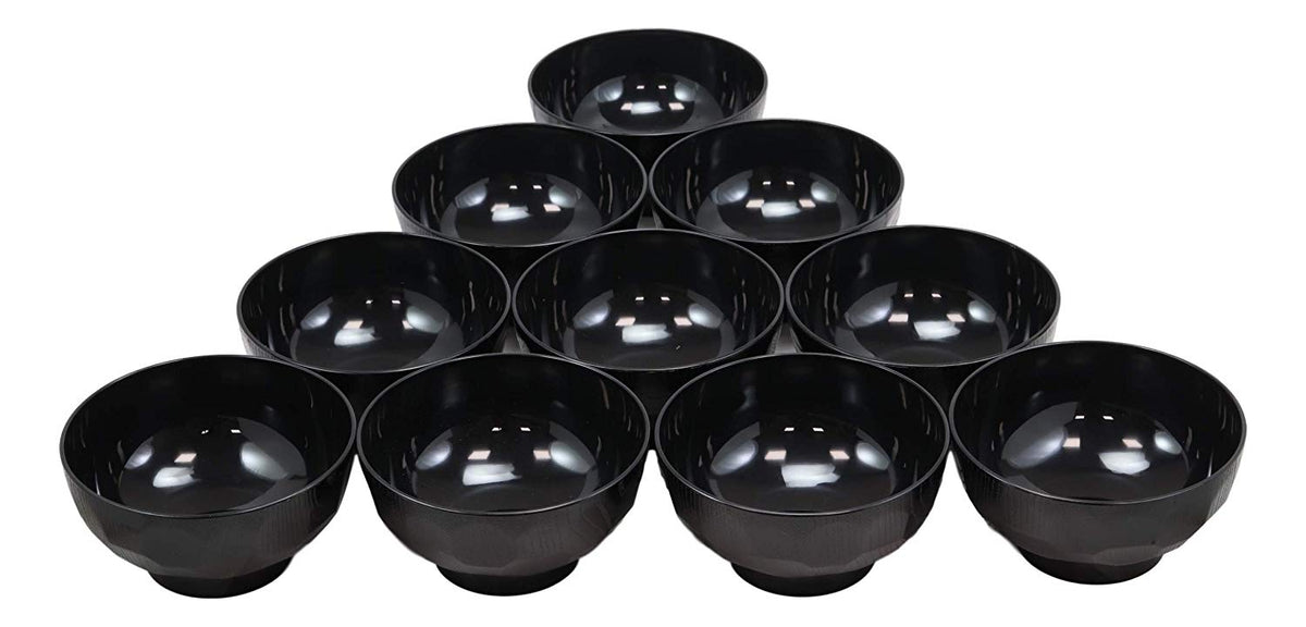 Ebros Japanese Contemporary Black Lacquer Ridged Bowls Made In Japan Set of 10