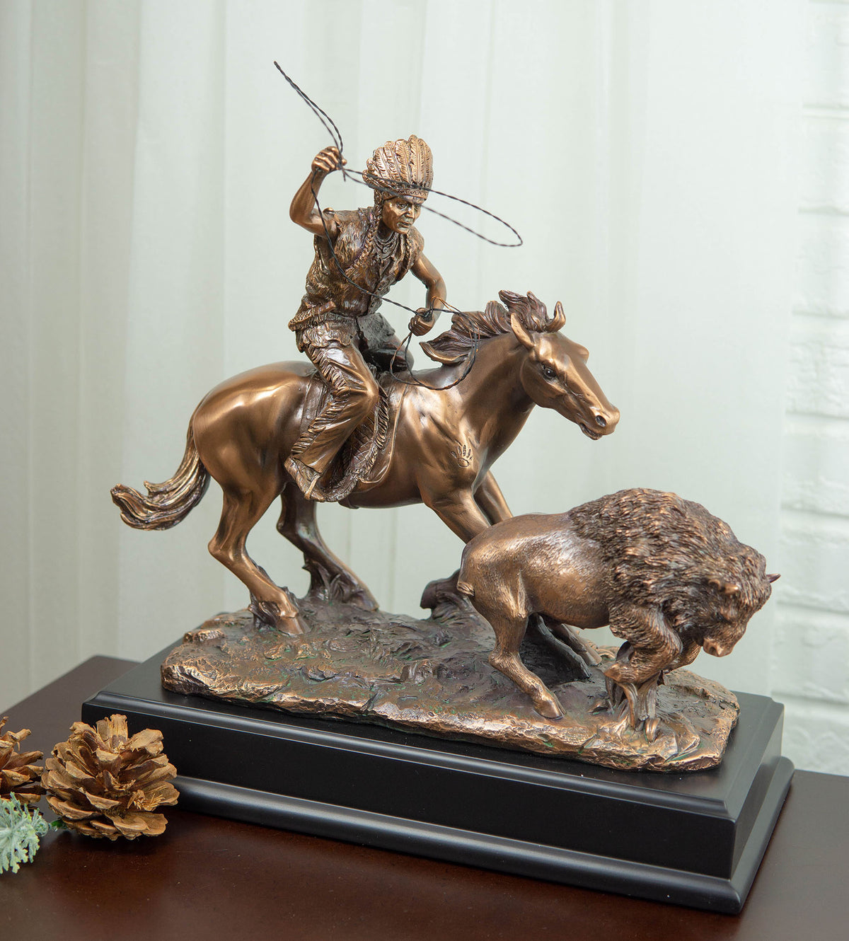 Tribal Native American Indian Hunter On Horse Roping Juvenile Bison Bull Statue - Ebros Gift
