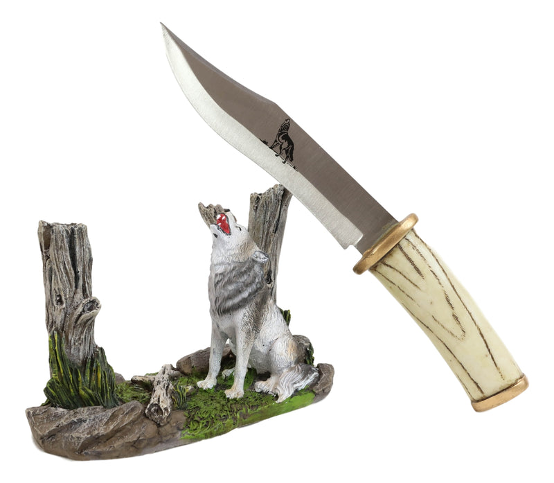 Rustic Forest Howling Gray Wolf Display With Decorative Dagger Knife Statue Set