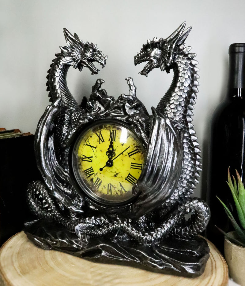 Gothic Twin Dragons Table Clock Statue With Roman Numerals In Metallic Look 11"H