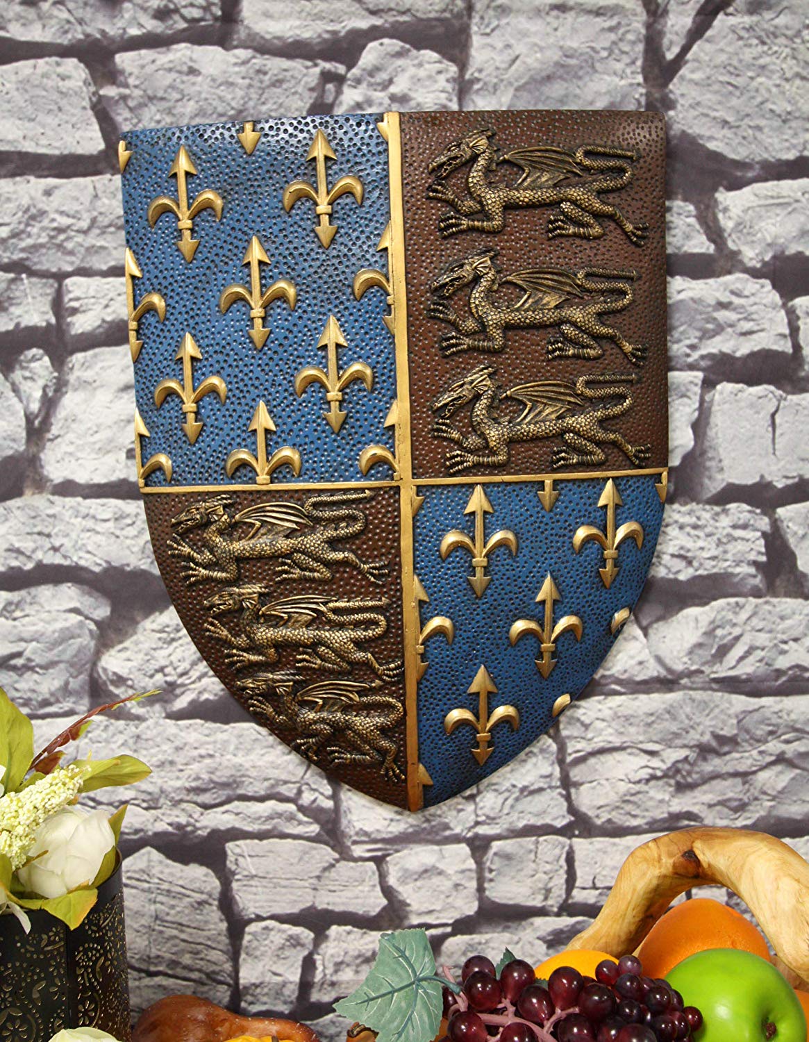 Large Medieval Knight Coat of Arms Fleur De Lis And 3 Dragons Shield Wall Decor