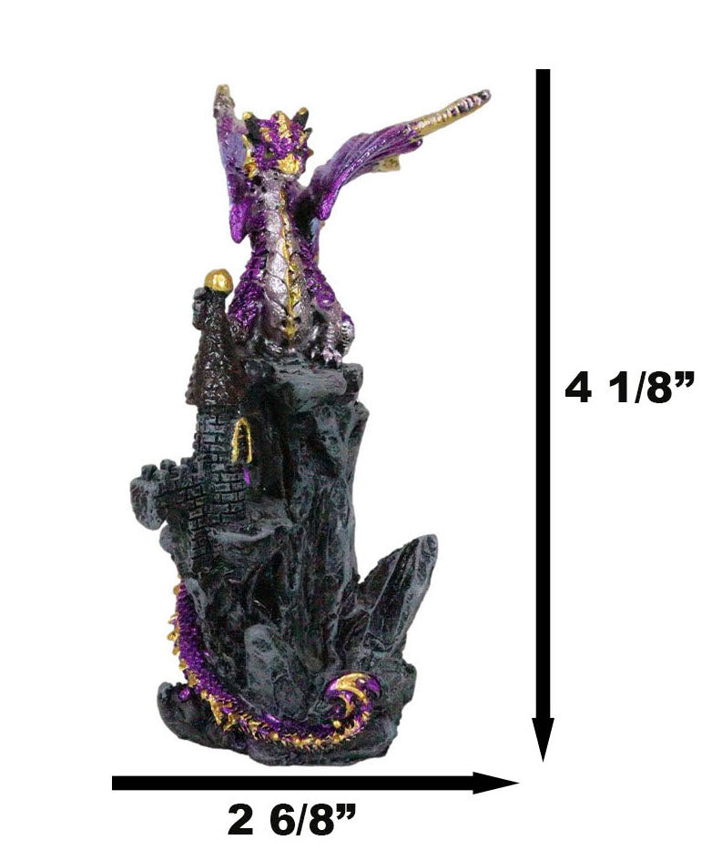 Metallic Golden Purple Dragon Guarding Castle Tower On Mountain Cliff Figurine