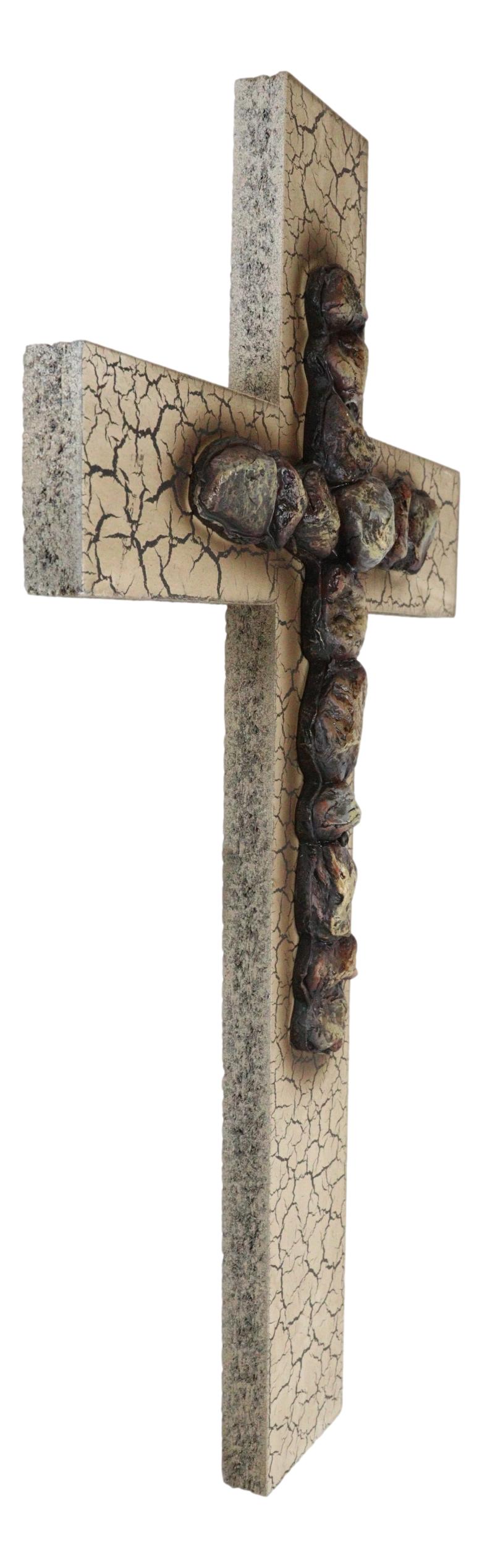 Rustic Country Western Faux Crackled Wood with Pebble Rock Stones Wall Cross