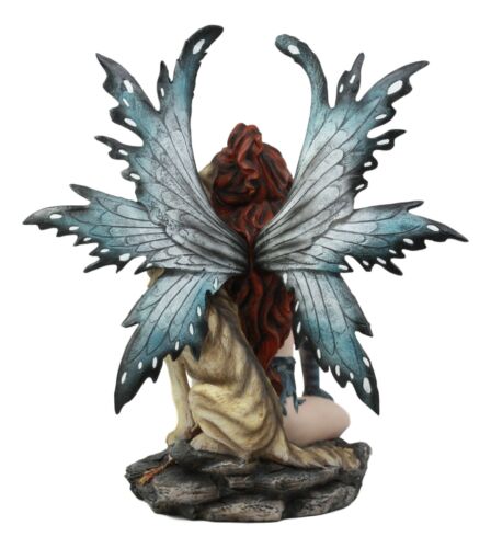 Large Blue Tribal Huntress Wildling Fairy Embracing Alpha Direwolf Statue 13.5"H