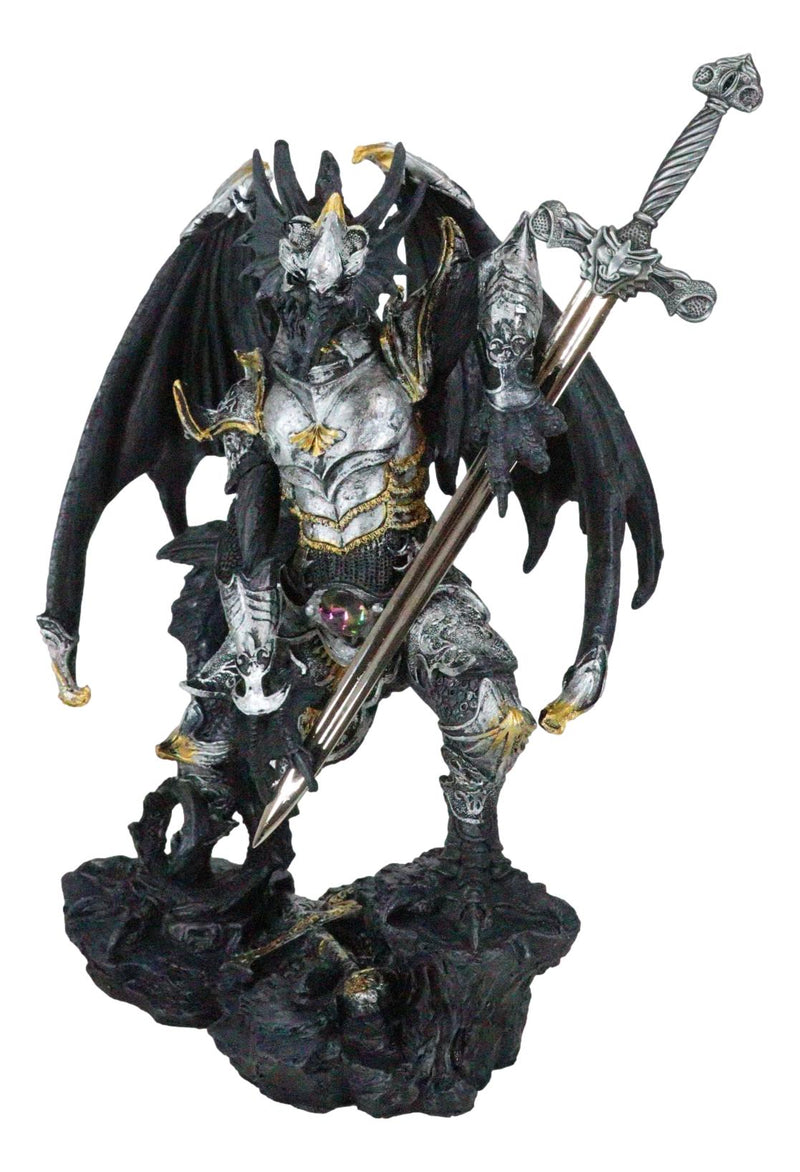Faux Stone Silver Armored Dragon Holding Excalibur Dagger Blade Sword Statue